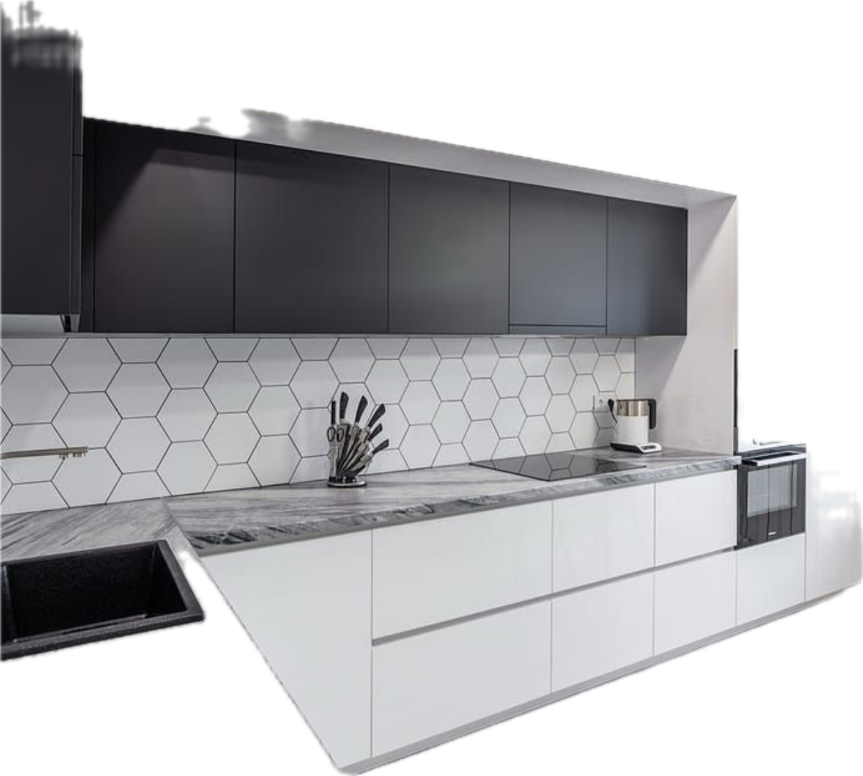 Modern kitchen with geometric tile backsplash