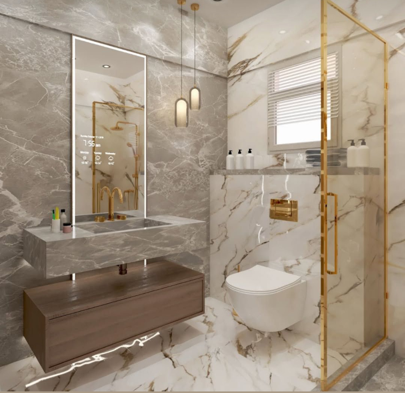Luxurious bathroom with marble floor tiles