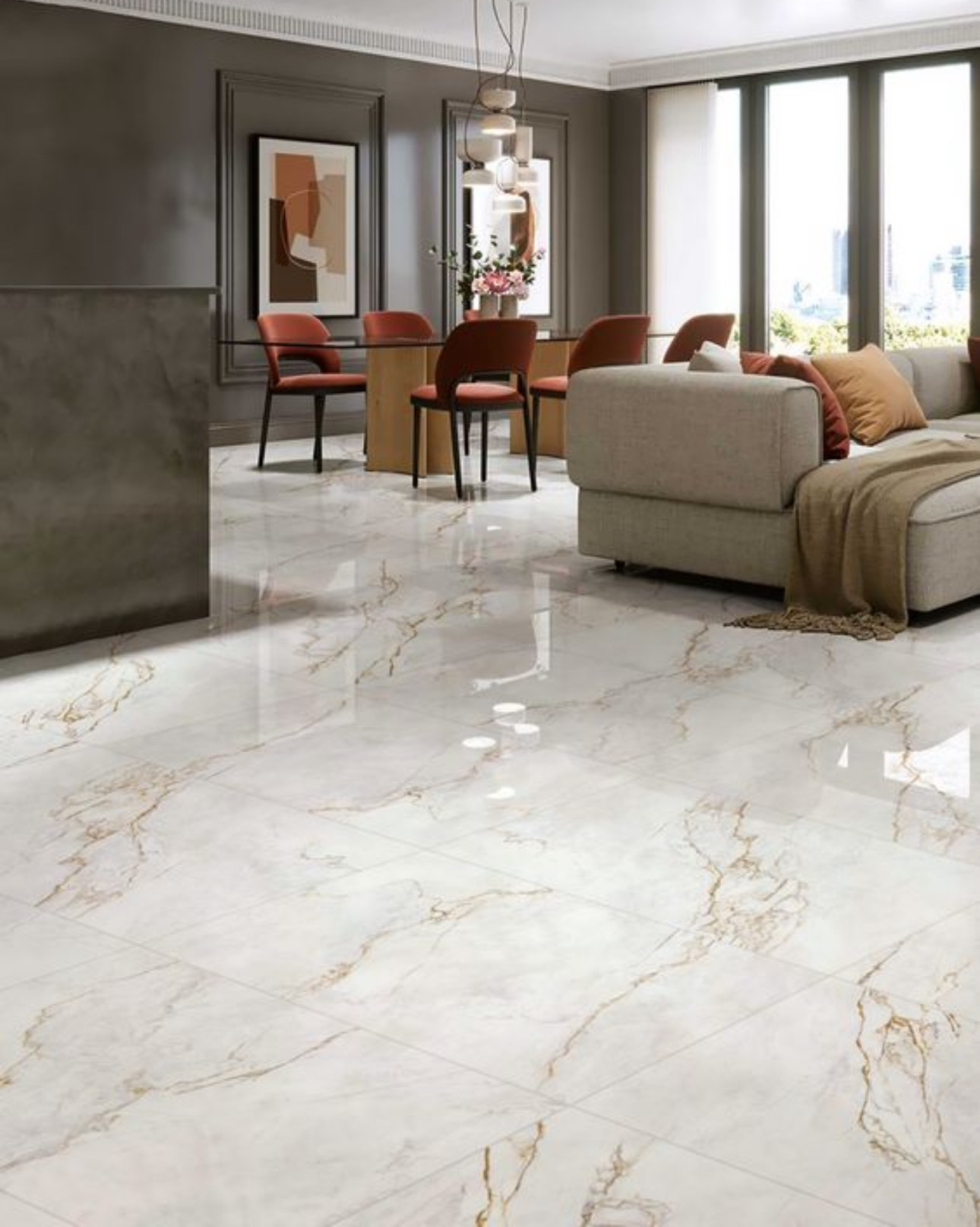 Spacious living room with large format porcelain tiles